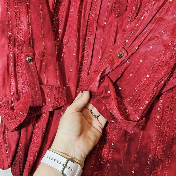 Cocomo Woman Tunic Top  2X Red Sequins Boho Jersey  3/4 Sleeve V Neck Blouse - Picture 3 of 10